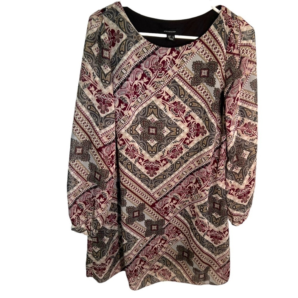 Atmosphere Women's Size 8 Shift Dress Burgundy Beige Black Floral Paisley Long